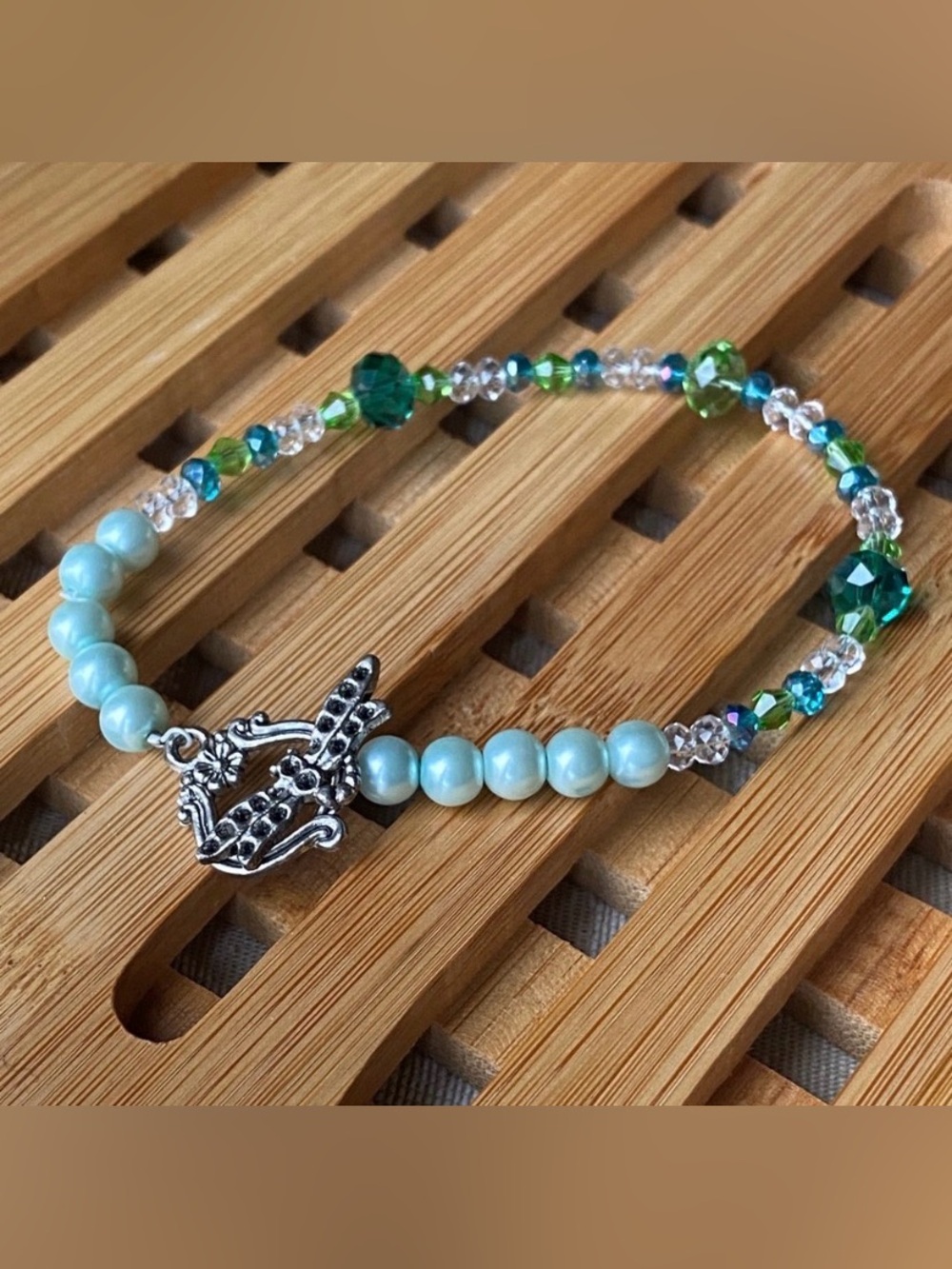 Handmade Dragonfly Bracelet Aqua Seafoam Pearl Crystal Stretch Bracelet